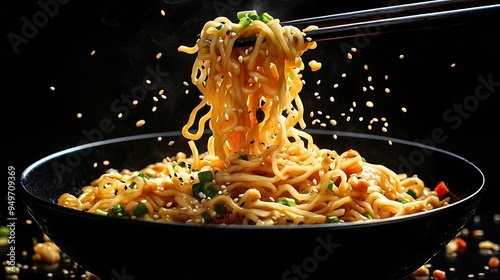 hicken lo mein noodles levitation black background Asian noodles vertical poster composition : Generative AI photo