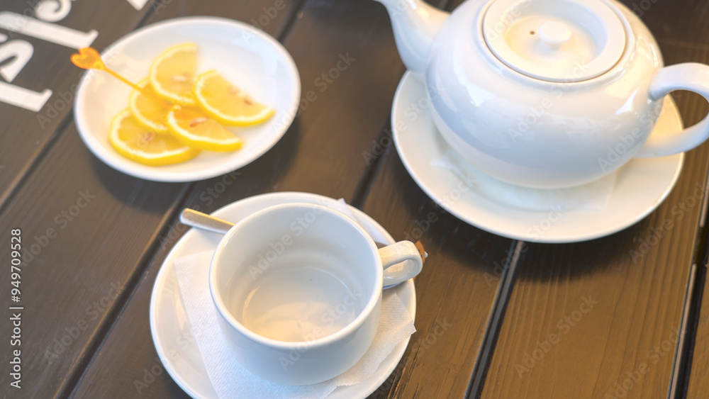 A white tea set with a teapot, a cup, and a plate of lemons A white tea set with a teapot, a cup, and a plate of lemons
