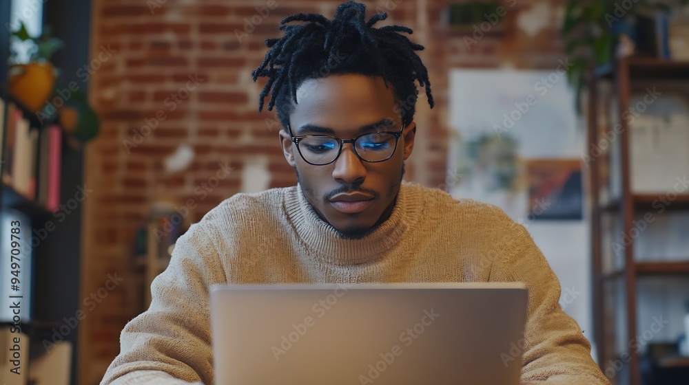 Focused Black Man Utilizing Digital Tools for Online Education in Home Office Student Marketer or Journalist in Training : Generative AI Focused Black Man Utilizing Digital Tools for Online Education in Home Office Student Marketer or Journalist in Training : Generative AI