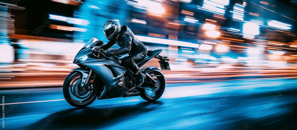 Fototapeta premium Motorcyclist riding a sport bike through a city at night. A rider in full gear speeding down an illuminated urban street with blurred lights, emphasizing the motion and nighttime atmosphere