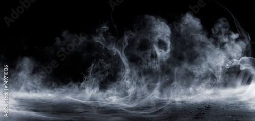 Skull Fog In Dark Halloween Background - Real Mist On Black Floor