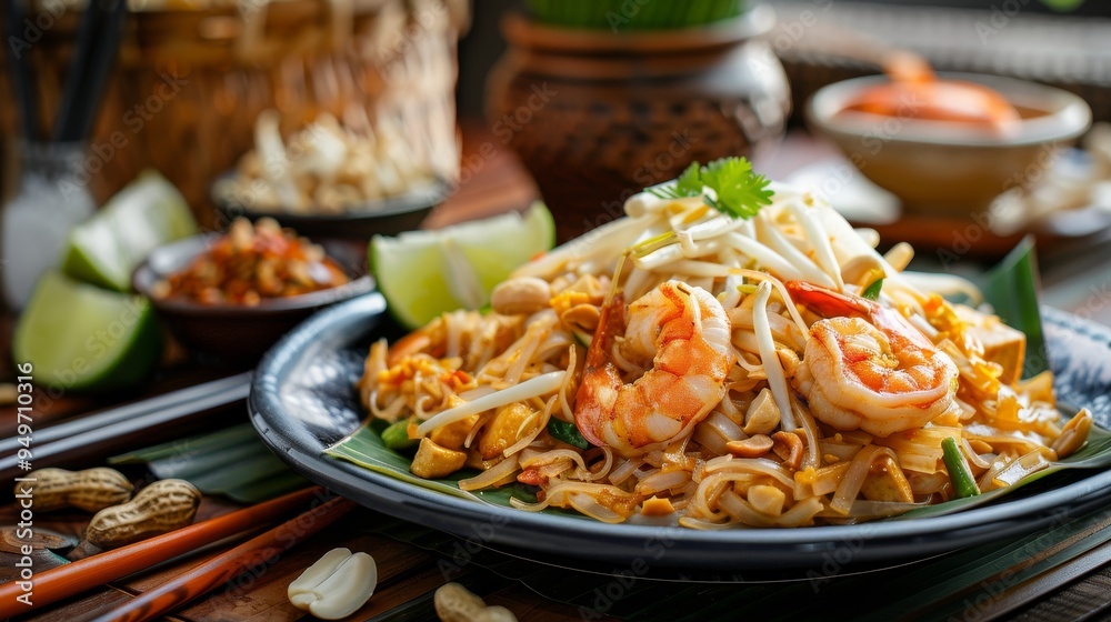 Delicious Plate of Pad Thai with Shrimp, Peanuts, and Lime Wedges. Delicious Plate of Pad Thai with Shrimp, Peanuts, and Lime Wedges.