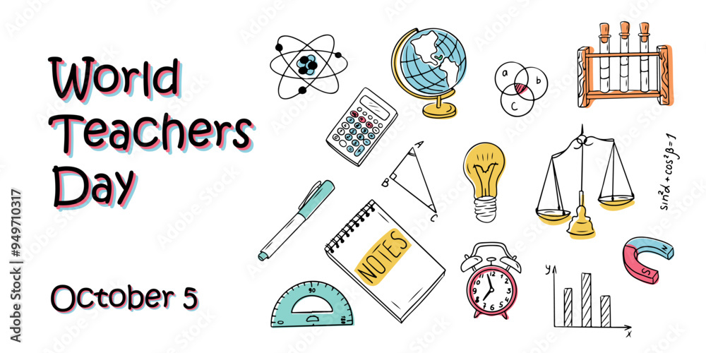 World Teachers day banner with stationary and education elements in minimalistic style. Vector hand drawn illustration in doodle style. Template for background, banner, card, poster with text World Teachers day banner with stationary and education elements in minimalistic style. Vector hand drawn illustration in doodle style. Template for background, banner, card, poster with text