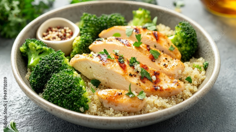 Healthy grilled chicken breast served with quinoa and broccoli, garnished with fresh herbs, in a bowl on a rustic table. Healthy grilled chicken breast served with quinoa and broccoli, garnished with fresh herbs, in a bowl on a rustic table.