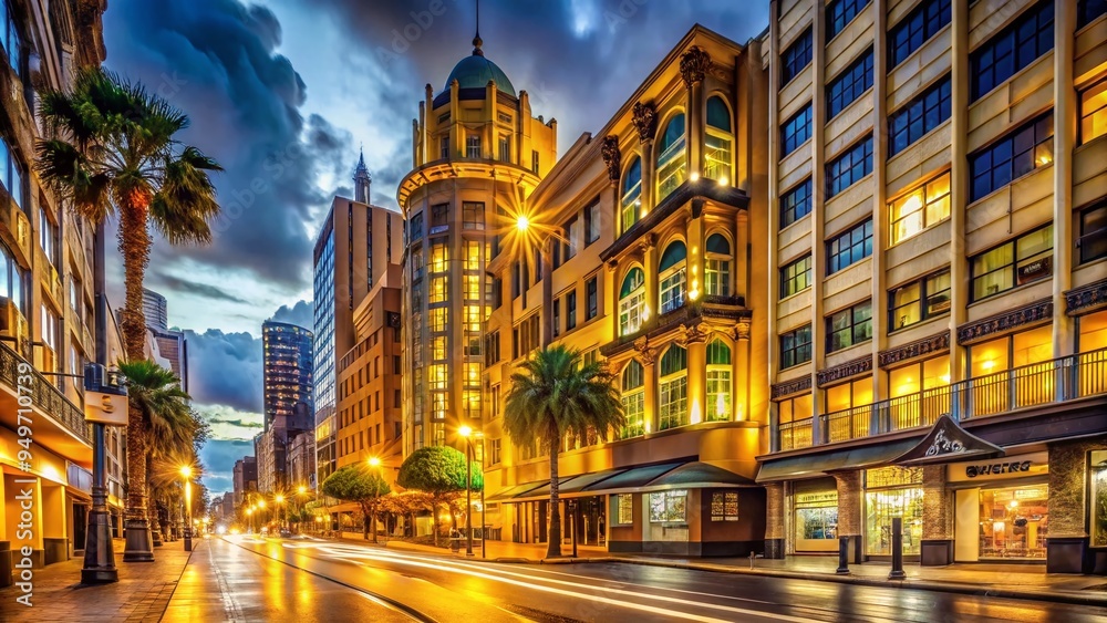 Vibrant city street scene at night with eclectic mix of modern and art deco buildings in warm golden tones and soft ambient lighting. Vibrant city street scene at night with eclectic mix of modern and art deco buildings in warm golden tones and soft ambient lighting.