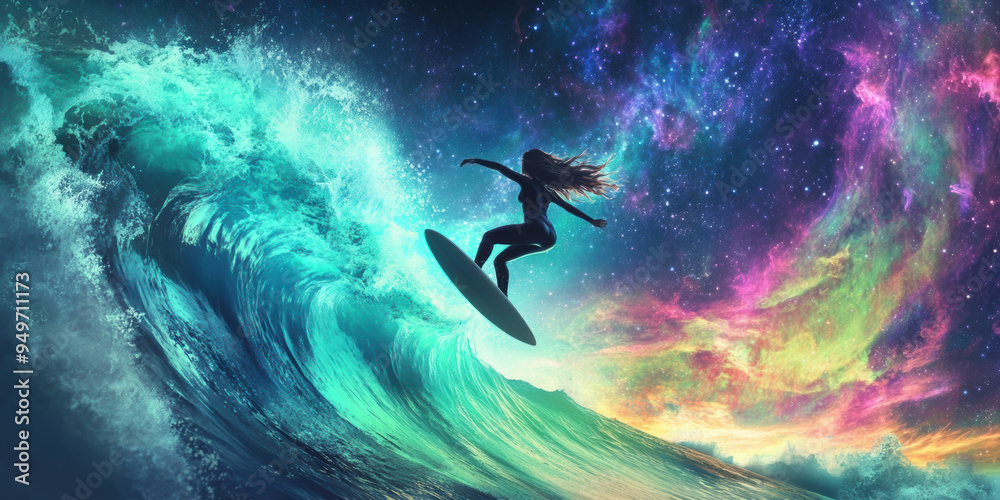 Naklejka premium Surfer floating above vibrant aurora, riding wave in cosmic scene. colorful backdrop creates sense of adventure and freedom.