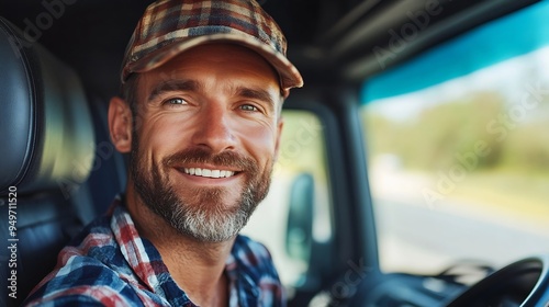 Happy professional truck driver driving his truck and looking at camera Copy space : Generative AI