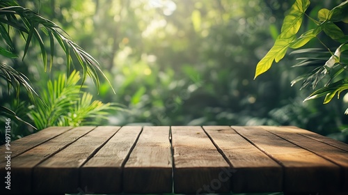 Wood tabletop podium floor in outdoors tropical garden forest blurred green leaf plant nature backgroundNatural product placement pedestal stand displayjungle paradise concept : Generative AI photo