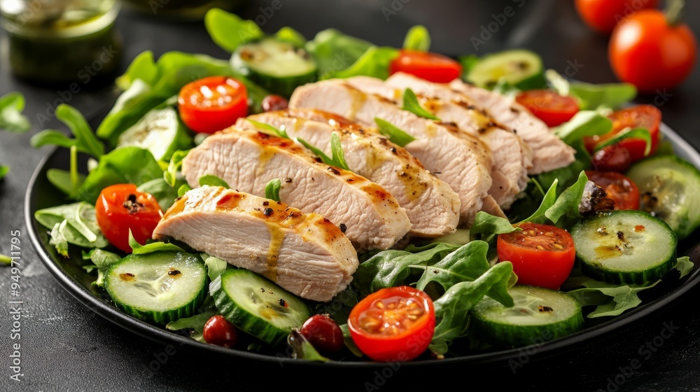 Healthy grilled chicken salad with fresh veggies. Perfect for a nutritious meal, featuring tomatoes, cucumbers, and greens. Healthy grilled chicken salad with fresh veggies. Perfect for a nutritious meal, featuring tomatoes, cucumbers, and greens.