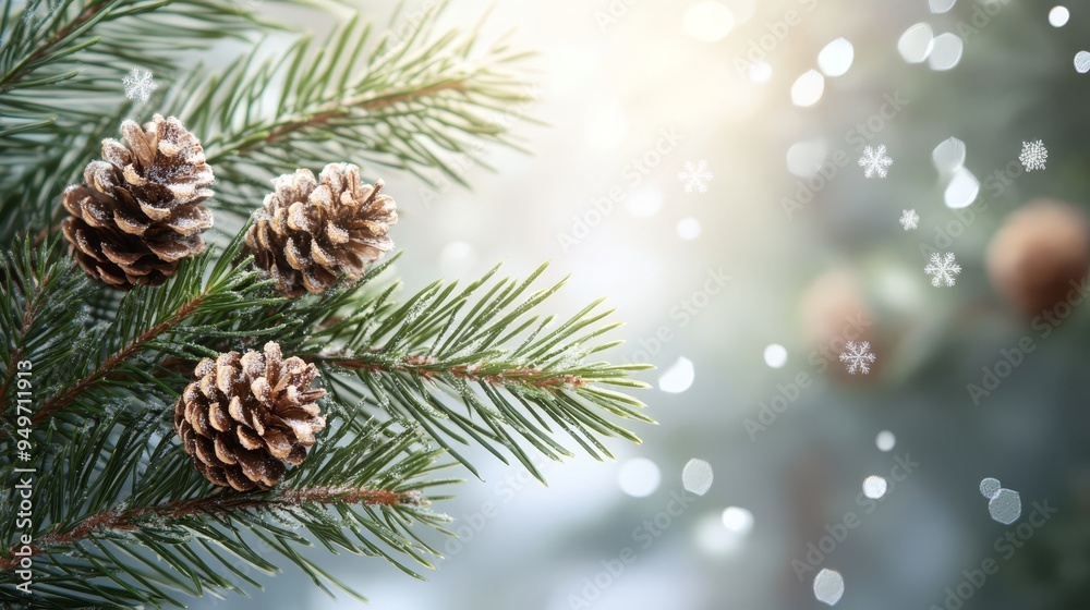 Snow dusted pine tree branch with pine cones Snow dusted pine tree branch with pine cones