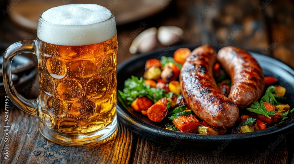 Light beer mug and two grilled sausages Light beer mug and two grilled sausages