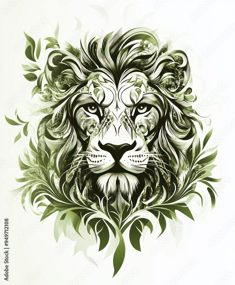A stylized lion's head surrounded by intricate green foliage and floral patterns. A stylized lion's head surrounded by intricate green foliage and floral patterns.