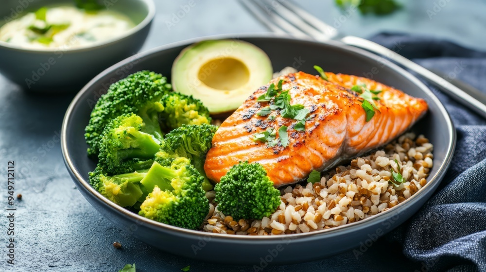 Healthy grilled salmon with broccoli, brown rice, and avocado on a plate, an ideal meal for clean eating and nutrition. Healthy grilled salmon with broccoli, brown rice, and avocado on a plate, an ideal meal for clean eating and nutrition.