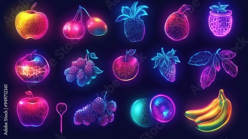 Vibrant neon set of nutrition symbols with glowing fruits like apples, bananas, and berries, photo