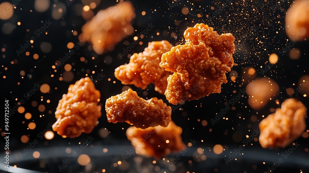 Freeze motion of flying pieces of fried chicken pieces Concept of levitating food : Generative AI Freeze motion of flying pieces of fried chicken pieces Concept of levitating food : Generative AI