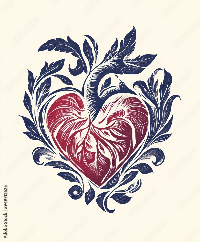 A stylized heart entwined with decorative leaves and vines, symbolizing love and nature. A stylized heart entwined with decorative leaves and vines, symbolizing love and nature.