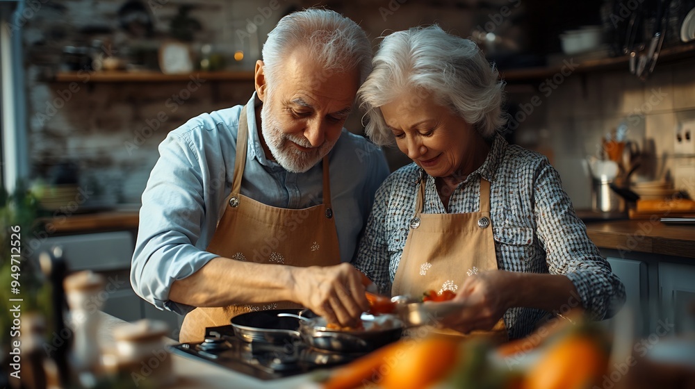 Everyday life Lovely senior couple wearing aprons cooking together on modern kitchen at home cropped shot : Generative AI Everyday life Lovely senior couple wearing aprons cooking together on modern kitchen at home cropped shot : Generative AI