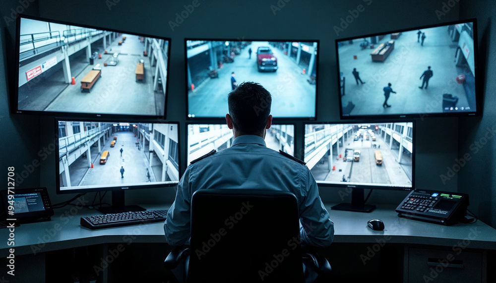 A security professional at an office desk with multiple monitors displaying surveillance footage
A security professional at an office desk with multiple monitors displaying surveillance footage