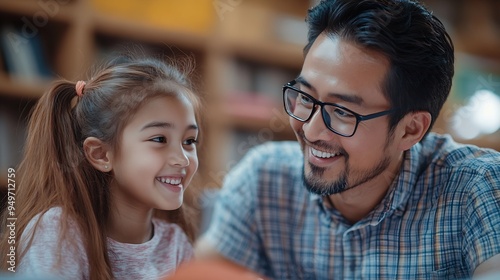 In school asian male teacher is helping biracial female student in the classroom with copy space : Generative AI