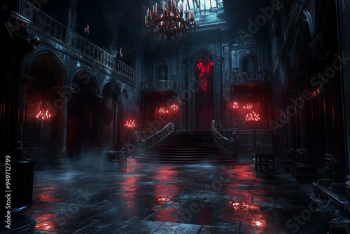 Explore the eerie depths of Dracula's haunted realm with haunting architecture and flickering candlelight in a shadowy castle photo