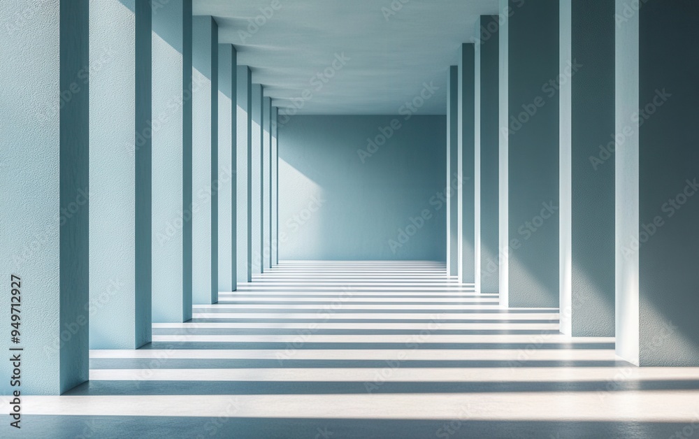 Vibrant light grey walls in an empty room, minimalist architecture with a long corridor of geometric shapes. 