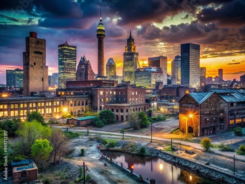 cleveland skyline night edgy gritty urban decay industrial legacy abandoned factories rustbelt legacy crumbling landmarks gritty urban realism photo