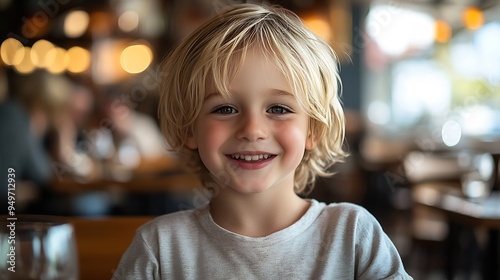 young blonde boy sat in restaurant smiling happy with food : Generative AI