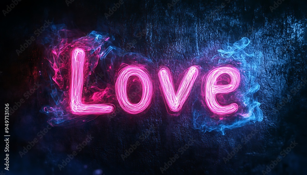 Romantic Love in glowing neon pink and blue smoke, detailed with a light painting style against a dark, textured background. Romantic Love in glowing neon pink and blue smoke, detailed with a light painting style against a dark, textured background.