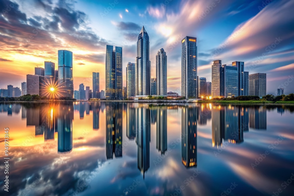 futuristic cityscape immersed in perpetual twilight gleaming metallic towers reflected in serene waters tranquil atmosphere achieved through long exposure silky waters
