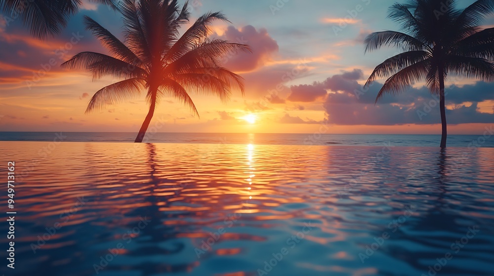 Luxury pool sunset palm tree silhouette with windy infinity pool water surface Summer vacation holiday template Stunning sky beachfront hotel resort at tropical landscape tranquil Amaz : Generative AI Luxury pool sunset palm tree silhouette with windy infinity pool water surface Summer vacation holiday template Stunning sky beachfront hotel resort at tropical landscape tranquil Amaz : Generative AI