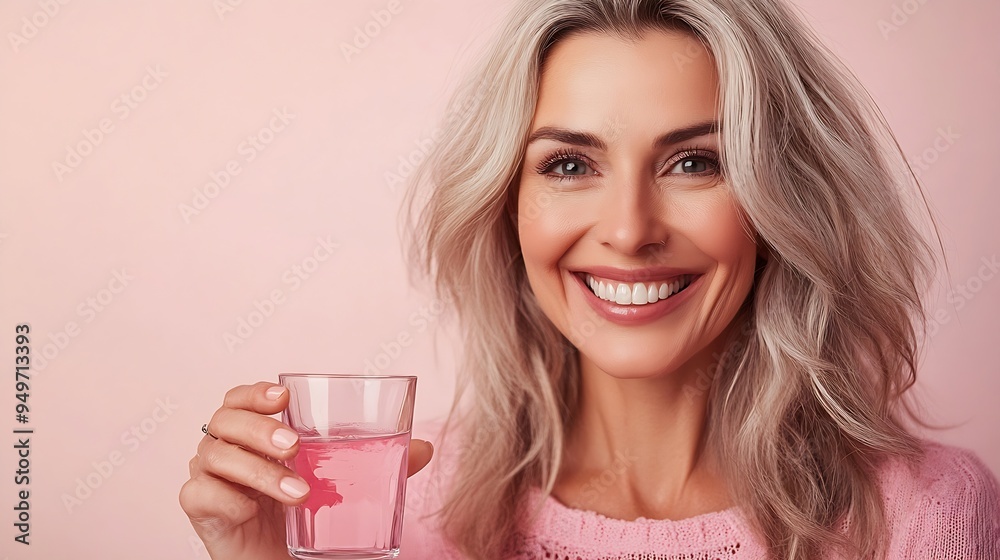 Smiling happy healthy middle aged 50s woman holding glass of water taking dietary supplement vitamin pink pill isolated on white background Old women multivitamins antioxidants for ant : Generative AI Smiling happy healthy middle aged 50s woman holding glass of water taking dietary supplement vitamin pink pill isolated on white background Old women multivitamins antioxidants for ant : Generative AI