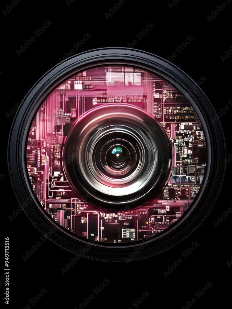 A close-up of a camera lens with intricate circuit patterns in a vibrant color scheme. A close-up of a camera lens with intricate circuit patterns in a vibrant color scheme.