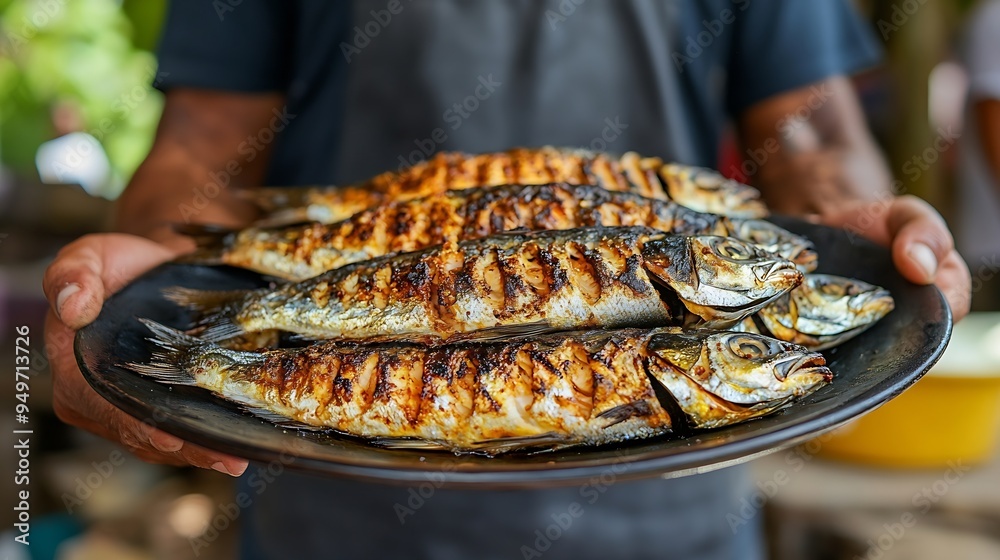 a man holds a plate of grilled fish : Generative AI a man holds a plate of grilled fish : Generative AI