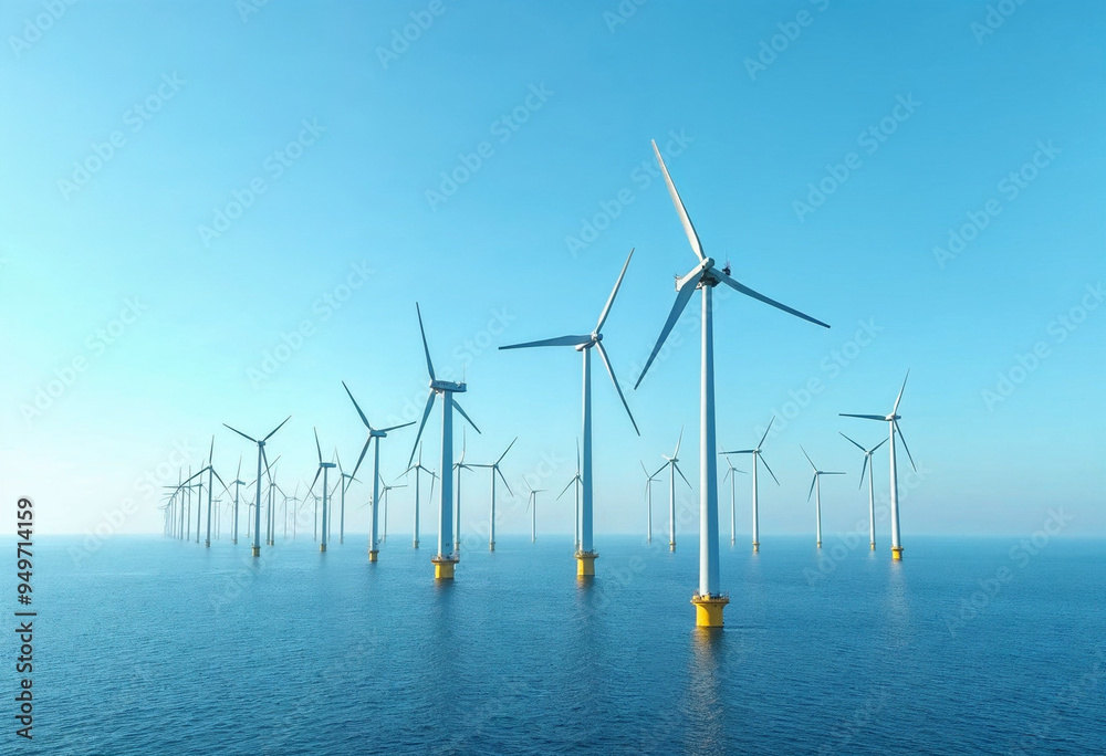 Wind turbines harnessing energy in a calm ocean with a bright blue sky and unobstructed horizon.
Wind turbines harnessing energy in a calm ocean with a bright blue sky and unobstructed horizon.