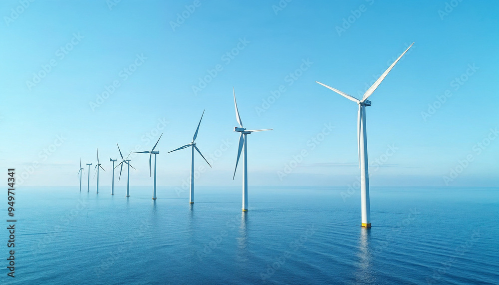 Wind turbines harnessing energy in a calm ocean with a bright blue sky and unobstructed horizon.
Wind turbines harnessing energy in a calm ocean with a bright blue sky and unobstructed horizon.