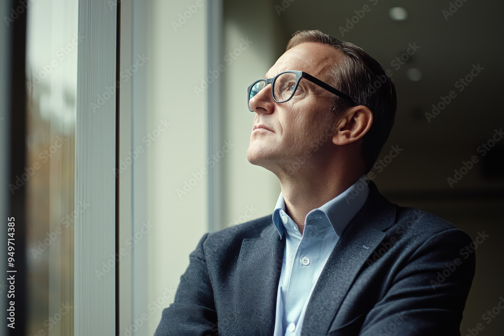 Pensive Businessman Gazing Out Window in Office - A middle-aged Caucasian man wearing glasses, a light blue shirt, and a dark blazer, gazes thoughtfully out of a window in a modern office setting.
