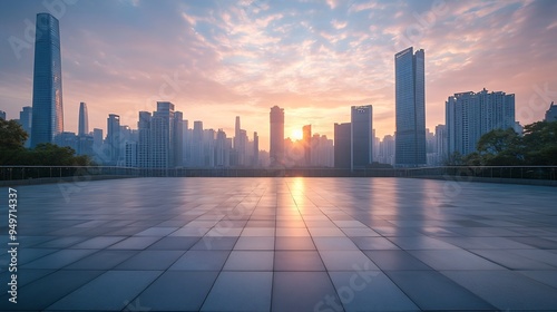 Empty square floor and pedestrian bridge with modern city buildings at sunrise in Guangzhou : Generative AI