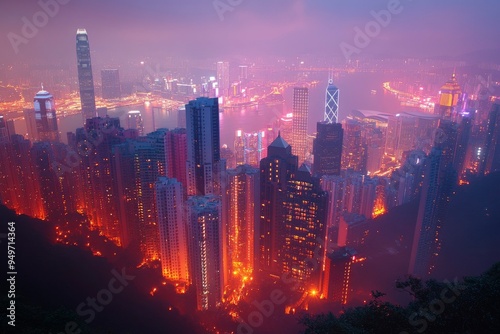 Hong Kong Skyline at Dusk with Illuminated Skyscrapers and Fog