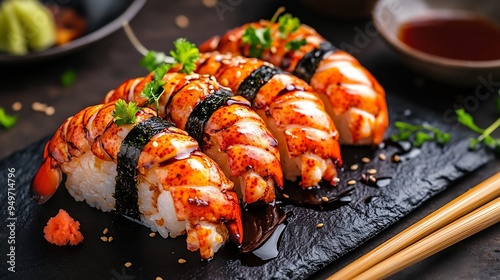 Explore culinary art with three uncooked lobster tails elegantly displayed alongside chopsticks and a sushi folder promising a blend of exquisite flavor and cultural fusion soya and ch : Generative AI photo