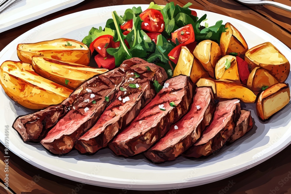 a perfectly grilled beef steak sliced into thin strips, served on a white plate with a side of crispy rustic potato wedges and a fresh vegetable salad illustration a perfectly grilled beef steak sliced into thin strips, served on a white plate with a side of crispy rustic potato wedges and a fresh vegetable salad illustration