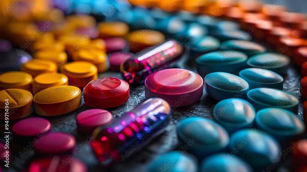 A dynamic spiral of colorful tablets on a black background, vivid hues, sharp focus, high contrast, bright lighting, hd quality, natural look. --ar 16:9 --v 6.0 --s 250 --style raw A dynamic spiral of colorful tablets on a black background, vivid hues, sharp focus, high contrast, bright lighting, hd quality, natural look. --ar 16:9 --v 6.0 --s 250 --style raw
