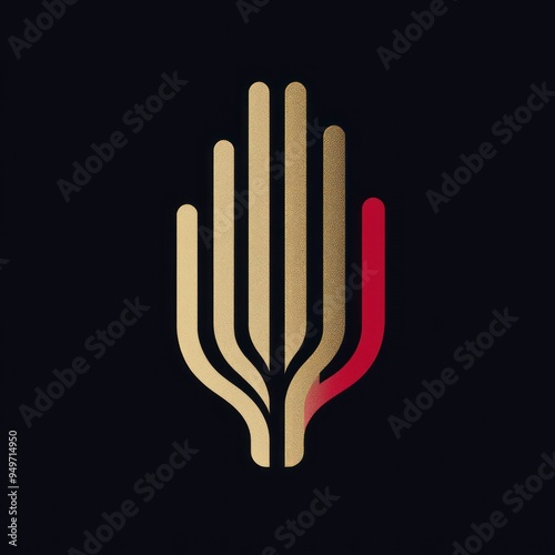 A stylized logo featuring abstract lines forming a palm shape with a red accent.