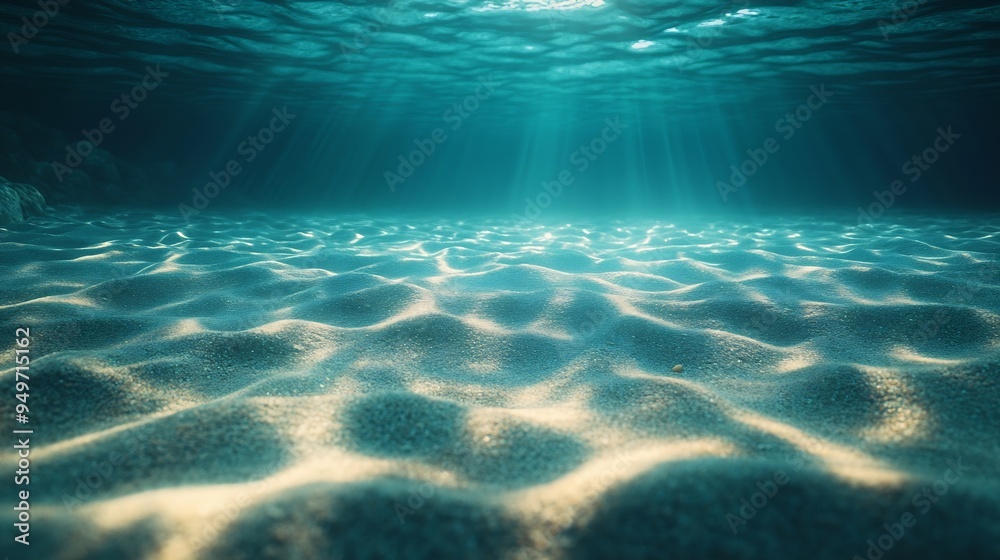 Naklejka premium Underwater beach sand seabed with caustic light Sea water background : Generative AI