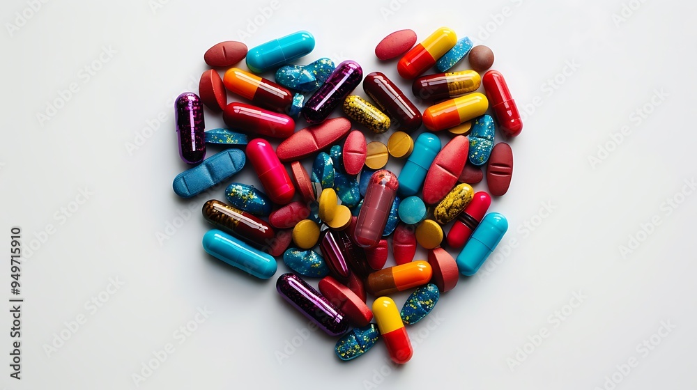 A heart shape composed of colorful pills, vibrant hues, sharp details, high contrast, bright lighting, clean white background, hd quality, natural look. --ar 16:9 --v 6.0 --s 250 --style raw A heart shape composed of colorful pills, vibrant hues, sharp details, high contrast, bright lighting, clean white background, hd quality, natural look. --ar 16:9 --v 6.0 --s 250 --style raw