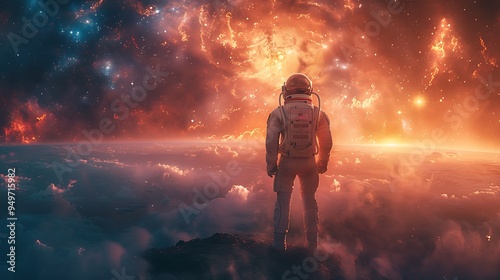 A panoramic view of an astronaut standing on the edge of a vast plain on an alien planet, looking out at a distant galaxy, the sky filled with glowing nebulae and stars,