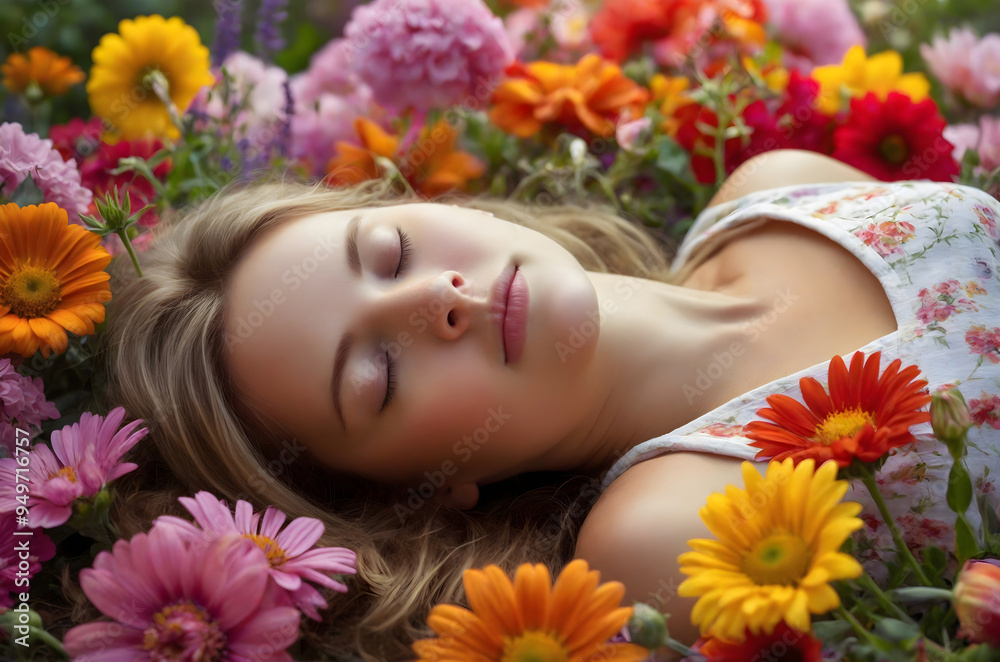 A serene woman with closed eyes lying among colorful flowers, exuding tranquility and peace. A serene woman with closed eyes lying among colorful flowers, exuding tranquility and peace.