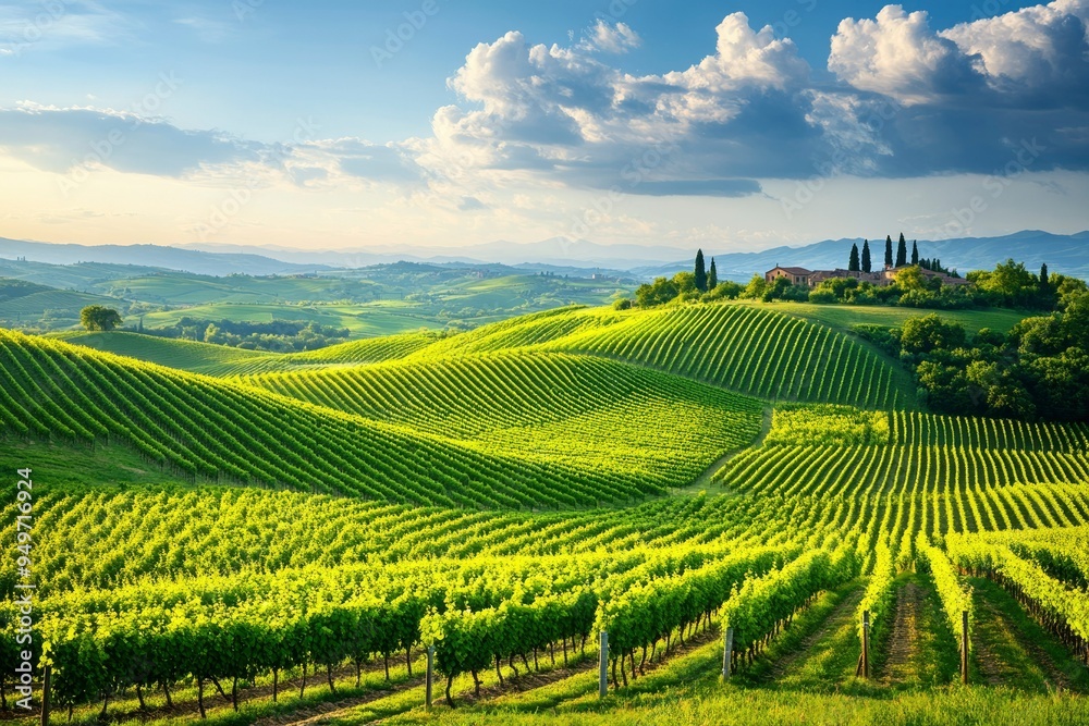Rolling Hills Vineyard Landscape with Farmhouse Rolling Hills Vineyard Landscape with Farmhouse