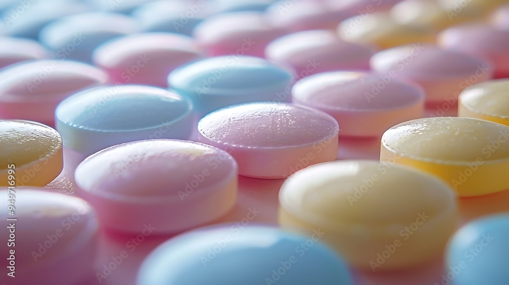A neat arrangement of pastel-colored pills, soft hues, calming atmosphere, sharp focus, gentle lighting, hd quality, natural look. --ar 16:9 --v 6.0 --s 250 --style raw