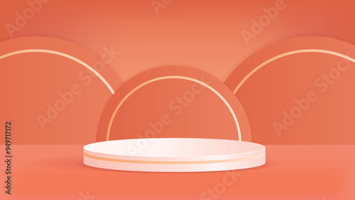 A minimalist podium with a smooth, curved design, set against a red background. This background can be used for product displays, promotions, and festive events.