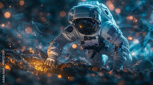 An astronaut cautiously approaching a glowing alien device partially embedded in the ground of an unknown planet, the device pulsating with energy, the scene filled with tension and curiosity,